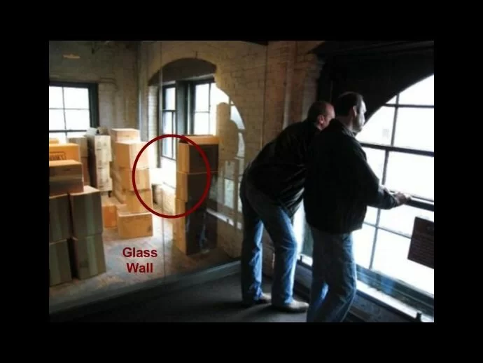 Photograph of the window from inside shows it is walled off by glass - (below):