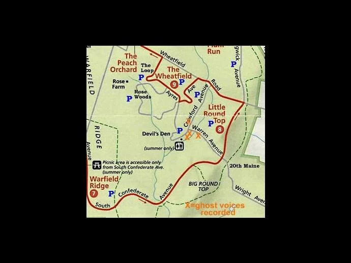 Our map showing where the ghost voices were recorded at Gettysburg and on the battlefield...