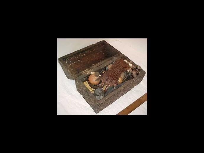 The haunted witch doctor box for voodoo and its contents including an alligator foot!
