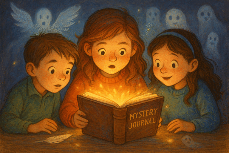 children reading a glowing mystery journal surrounded by friendly angels and ghostly figures